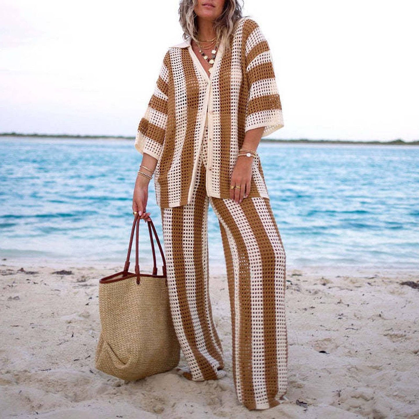 Cover Up Button-Up Tops with Pants Crochet Set