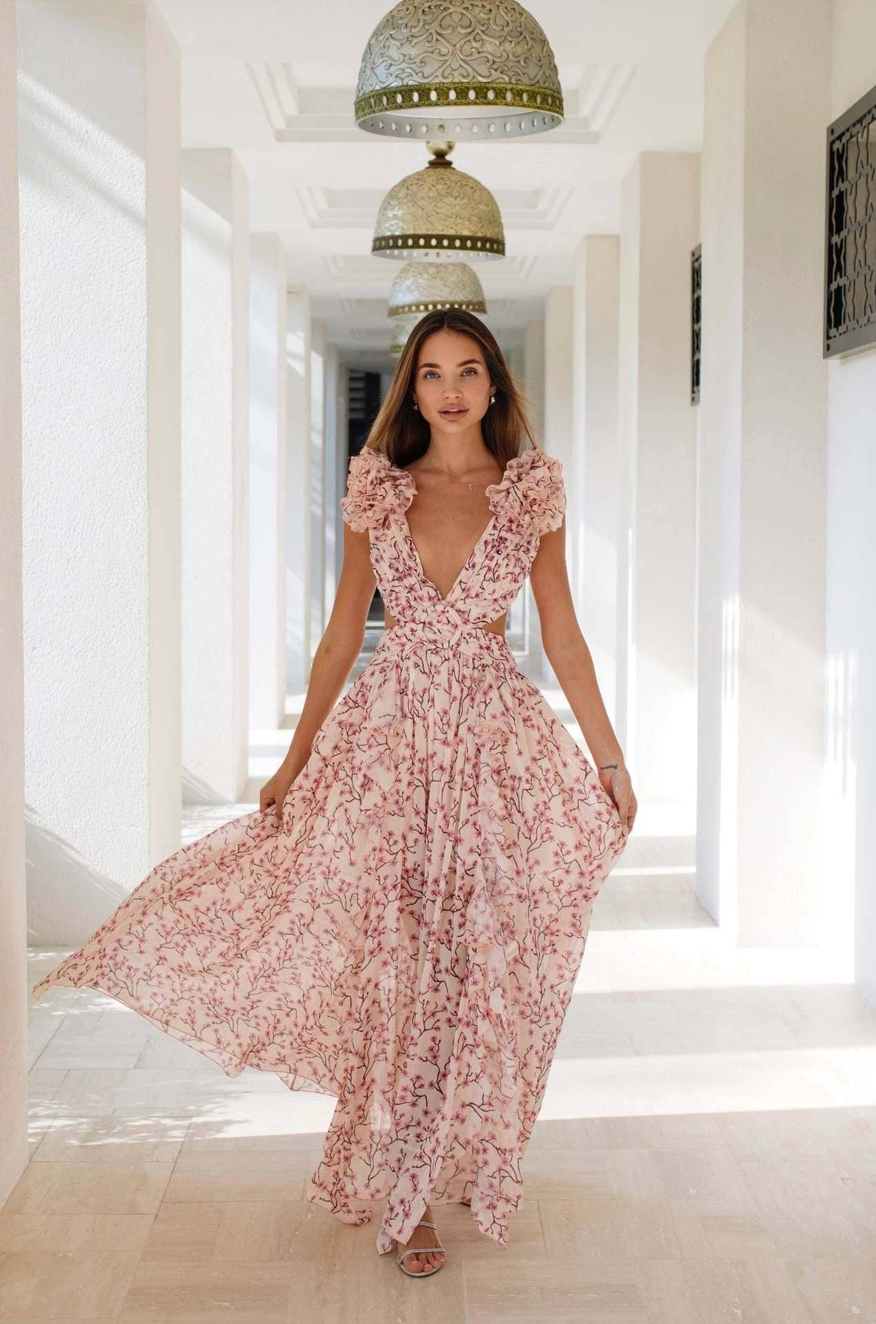 Cut Out Deep V Ruffled Floral Backless Dress
