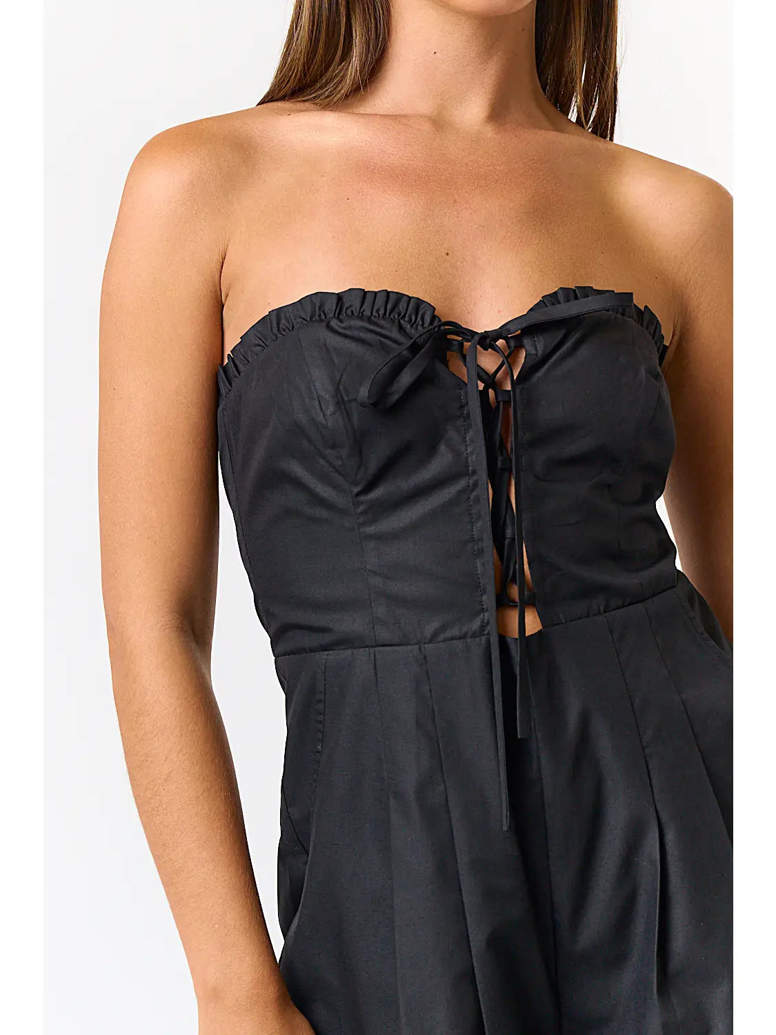 Lace Up Front Pleated Tube Romper Black