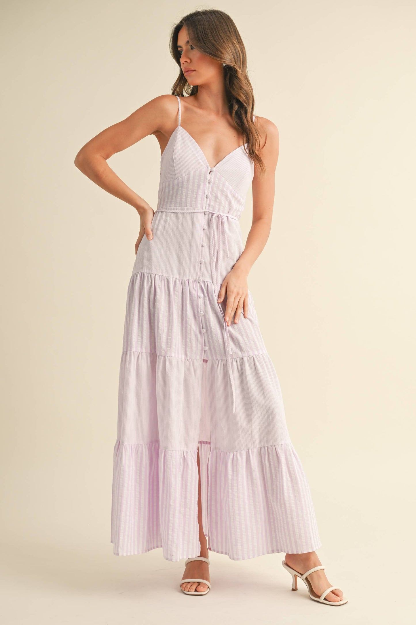 Lavender Striped Sleeveless Tiered Maxi Dress