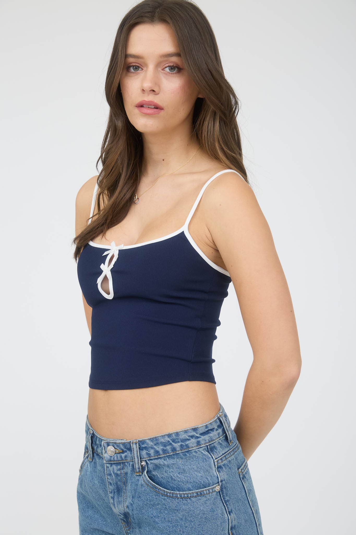 Cutout Bow Detail Spaghetti Strap Knit Tank Top