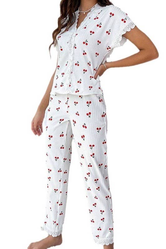 Lace Trim Red Cherry Print Pajama