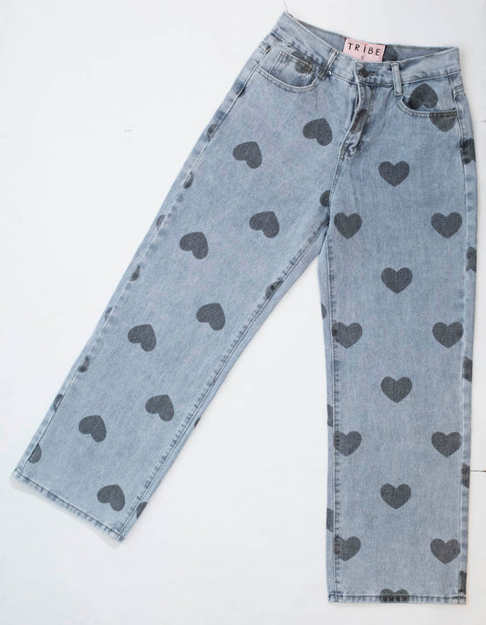 Heart High Wasted Wide Leg Denim Jeans - NOL
