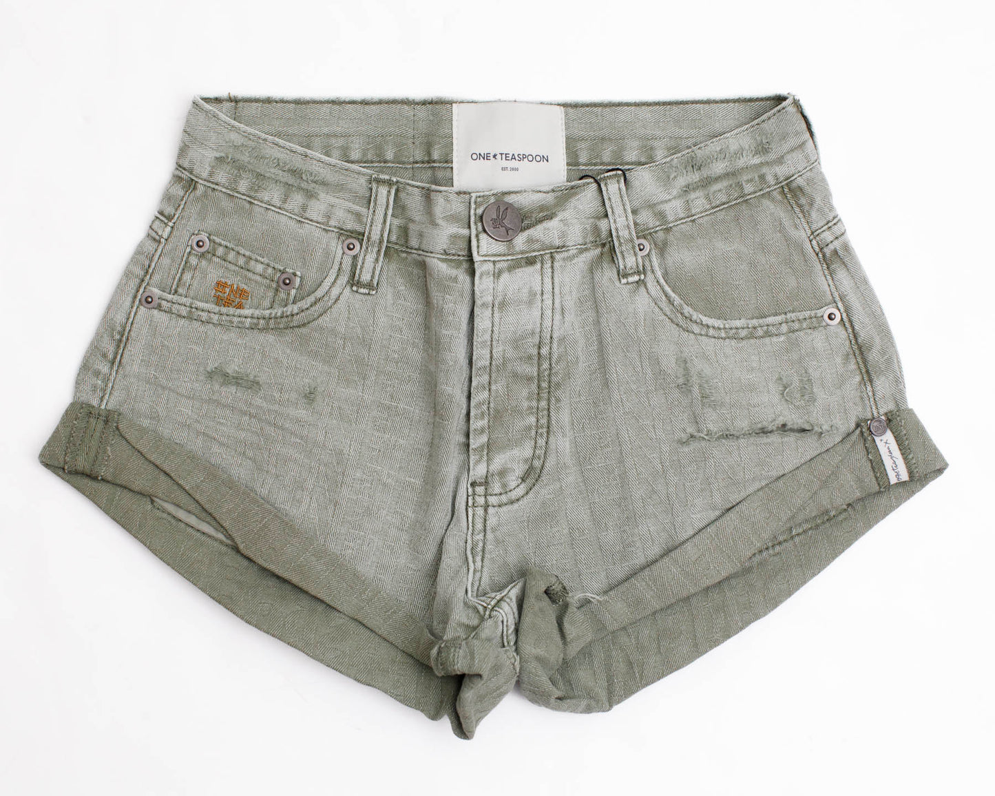 Khaki Logo Jacquard Low Waist Bandit Denim Short - ONE TEASPOON