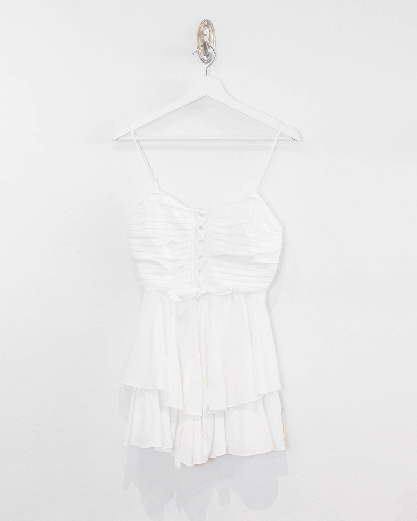 MS White Pleated Bodice Lace Up Romper