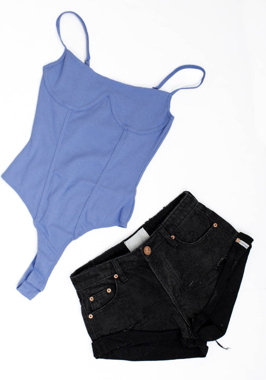 Hey Babe Knit Ribbed Contour Cami Bodysuit Periwinkle