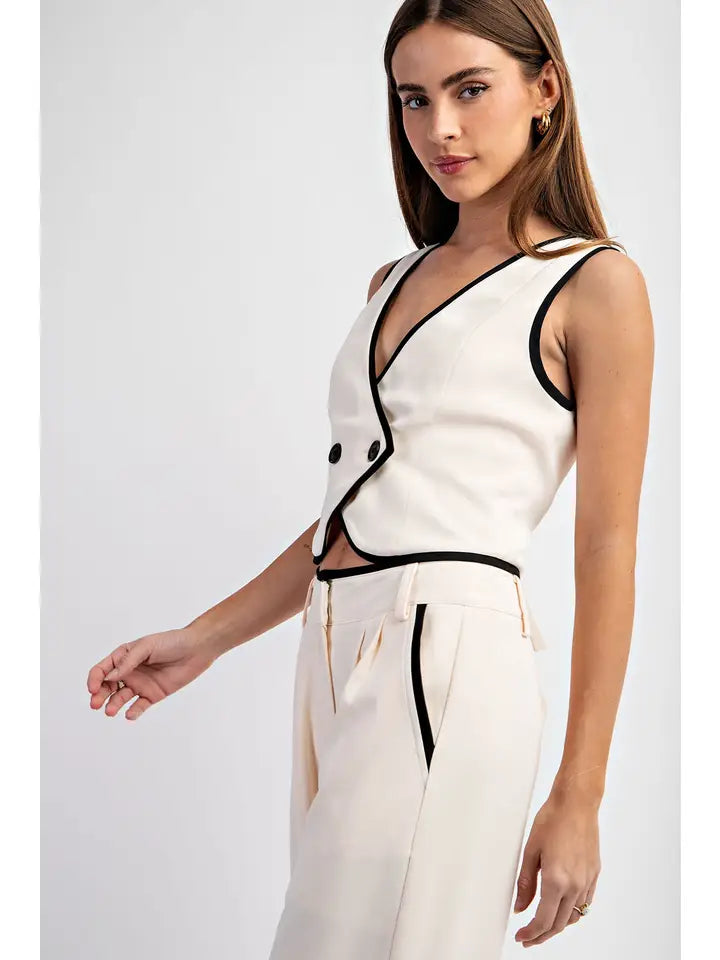Double-Breasted Woven Vest Contrast Edge