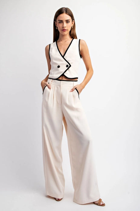 Double-Breasted Woven Vest Contrast Edge