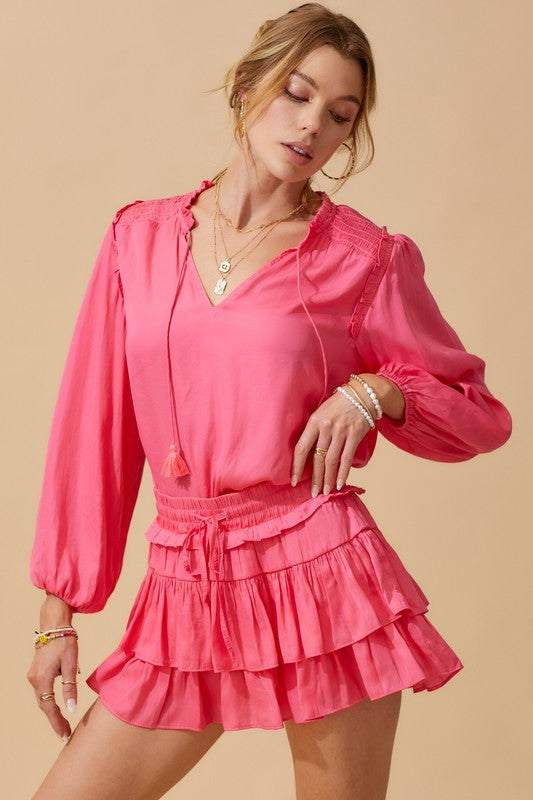 French Rose Smocked Detail Satin Long Sleeve Top Women's  - DM