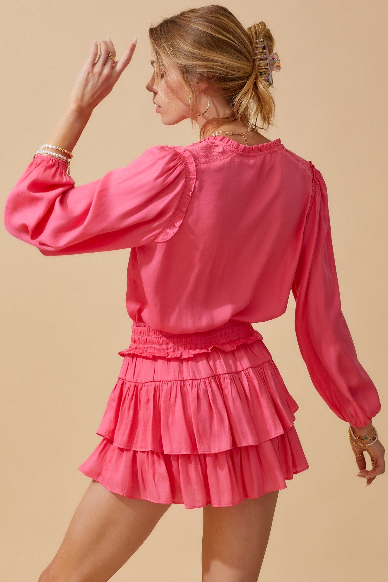French Rose Smocked Detail Satin Long Sleeve Top Women's  - DM