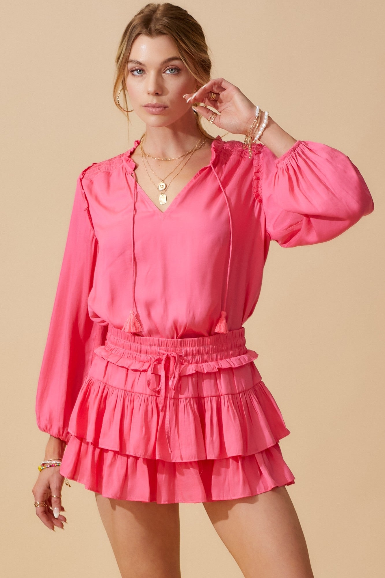 French Rose Smocked Detail Satin Long Sleeve Top Women's  - DM