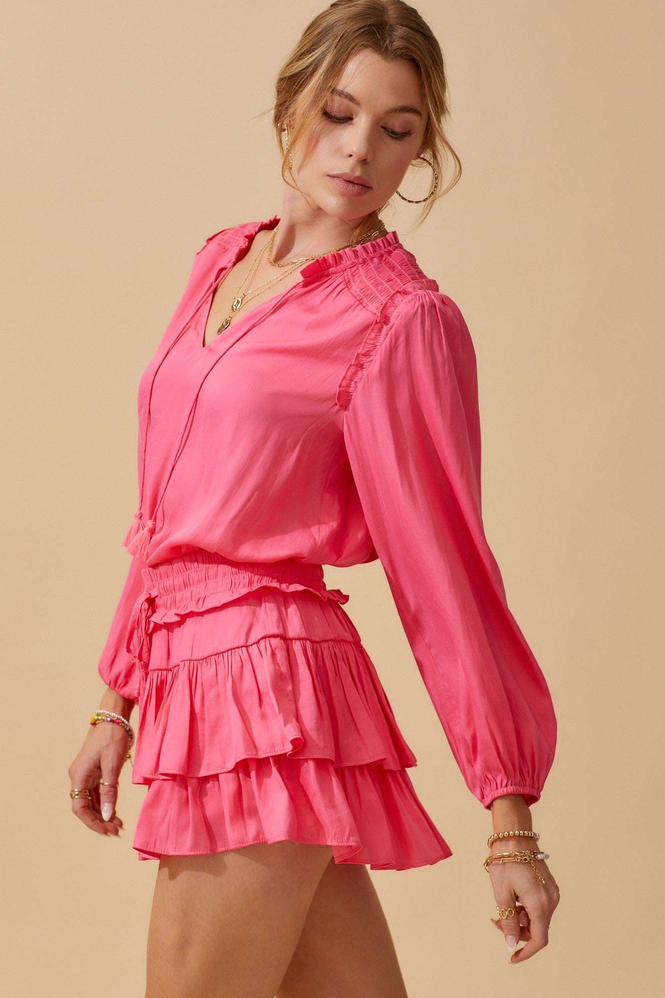French Rose Smocked Detail Satin Long Sleeve Top Women's  - DM