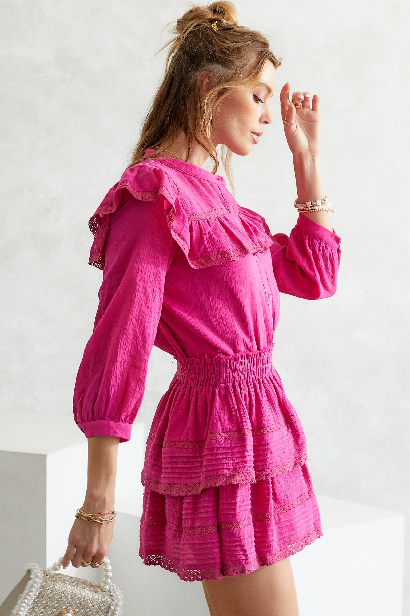 Hot Pink Ruffle Lace Long Sleeve Blouse Women's - DM