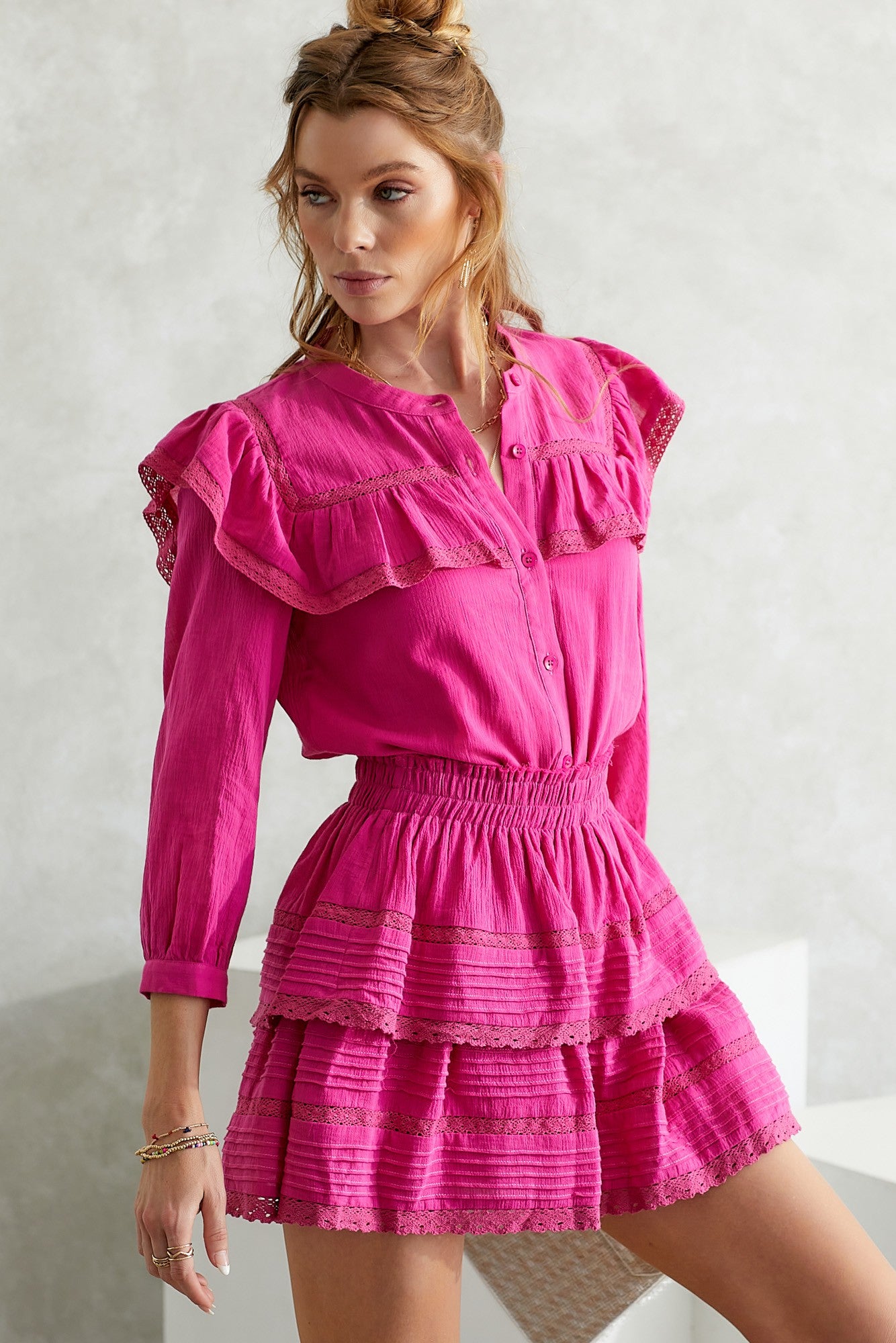 Hot Pink Ruffle Lace Long Sleeve Blouse Women's - DM