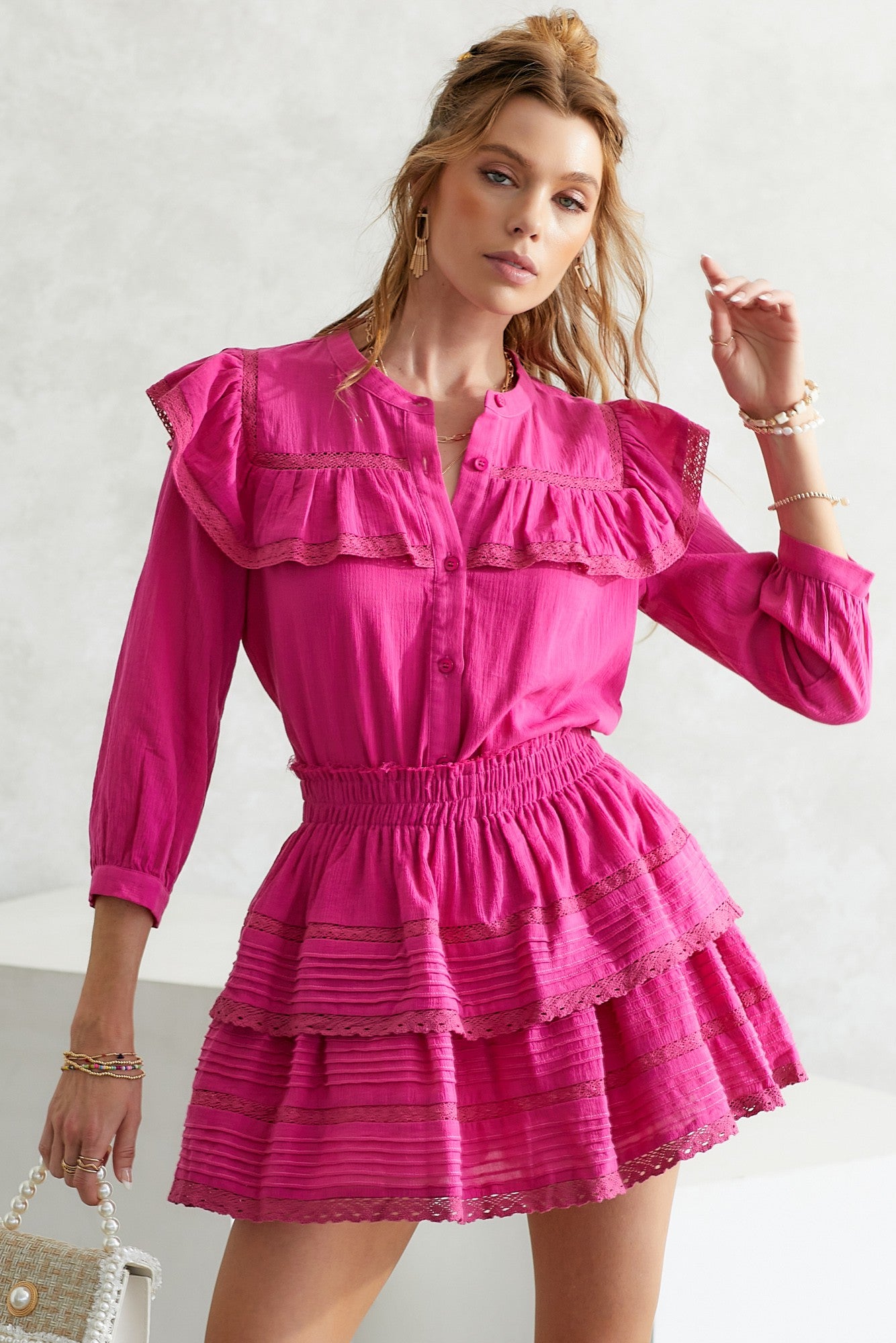 Hot Pink Ruffle Lace Long Sleeve Blouse Women's - DM