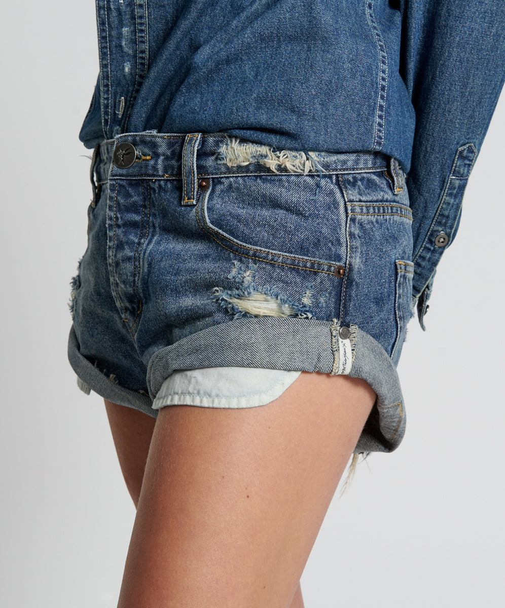 Used Blue Bandits Low Waist Denim Shorts- One Teaspoon