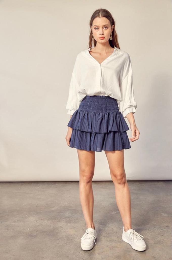 MS Smocked Ruffle Skirt With Stripes