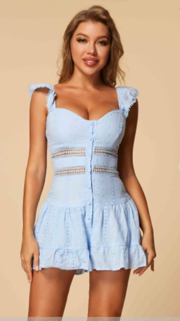 Sleeveless Solid V-Neck Lace Romper Baby Blue / Medium Sleeveless Solid V-Neck Lace Romper Baby Blue / Medium