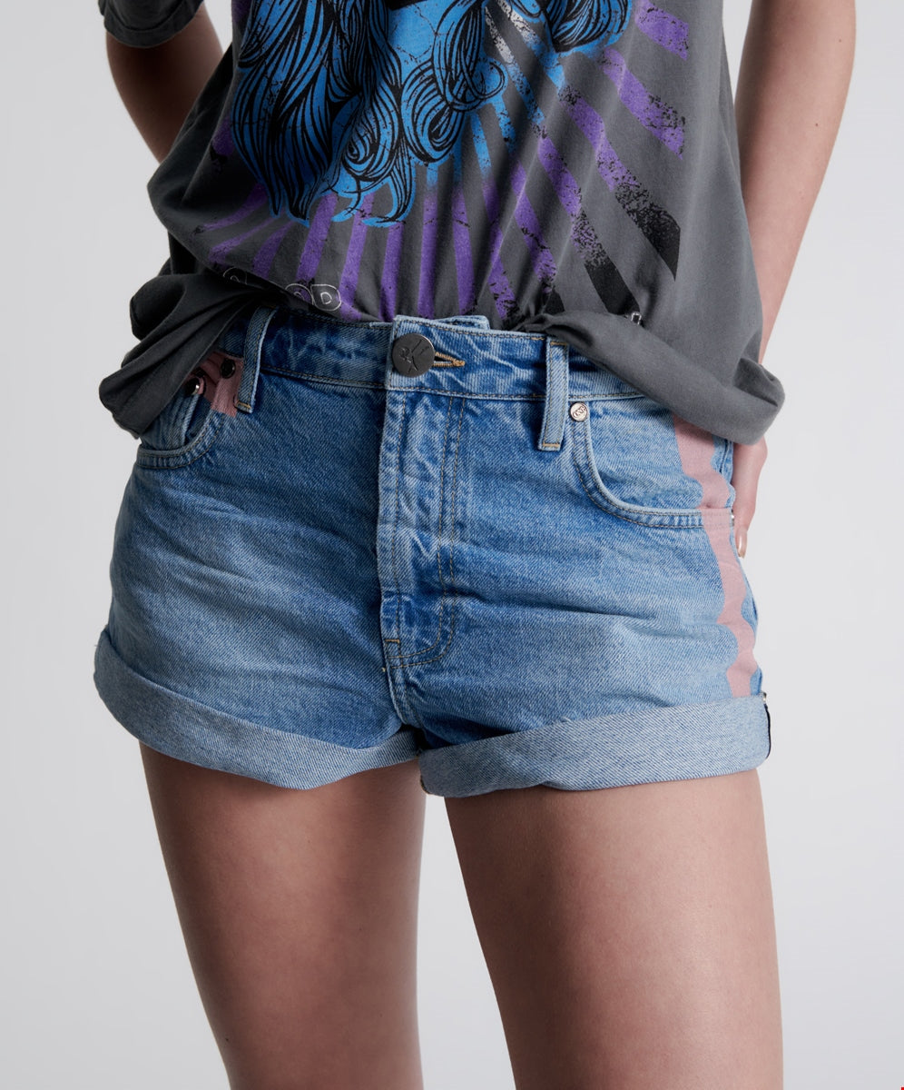 Linear Blue Bandits Mid Waist Denim Short- ONE TEASPOON