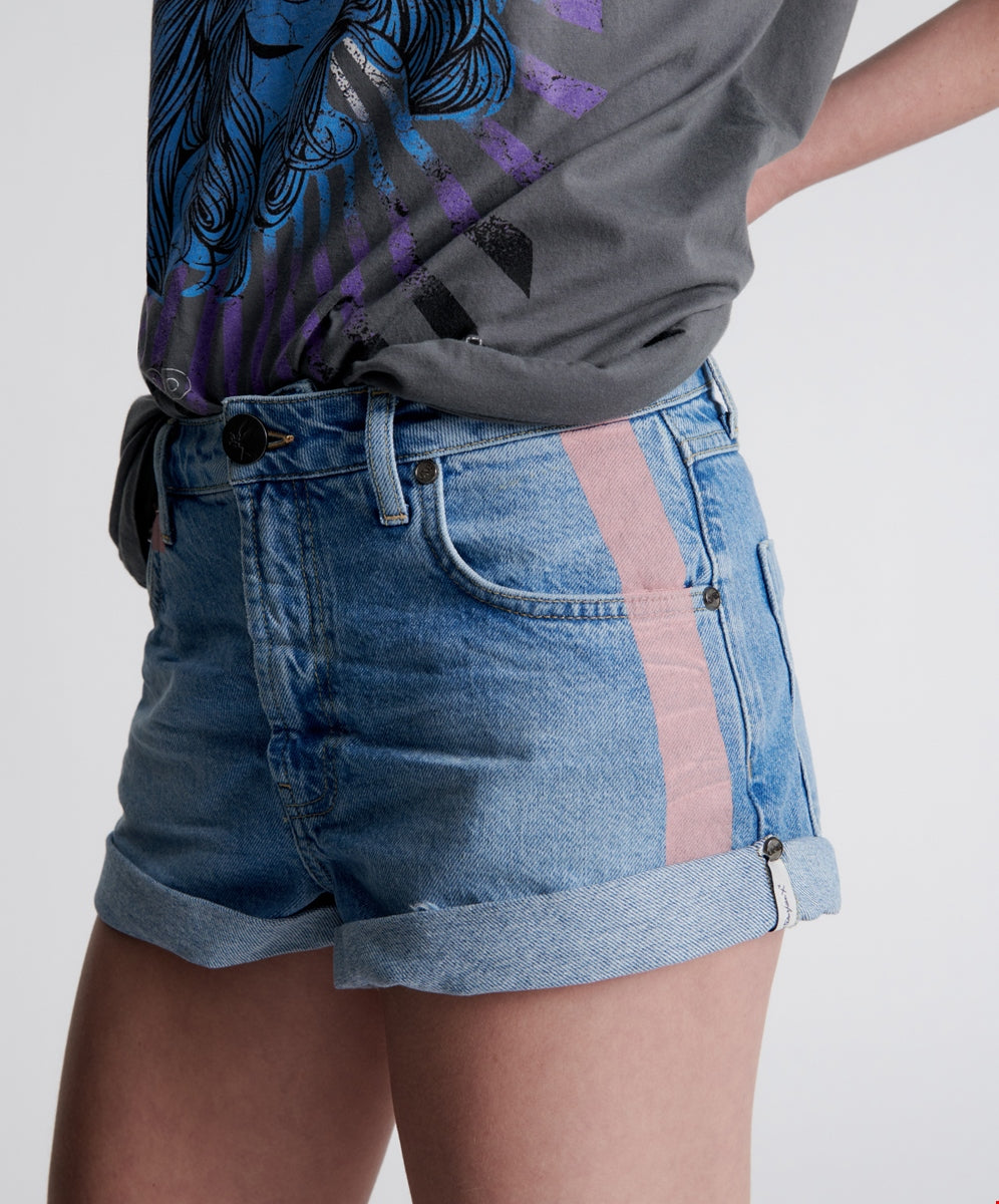 Linear Blue Bandits Mid Waist Denim Short- ONE TEASPOON