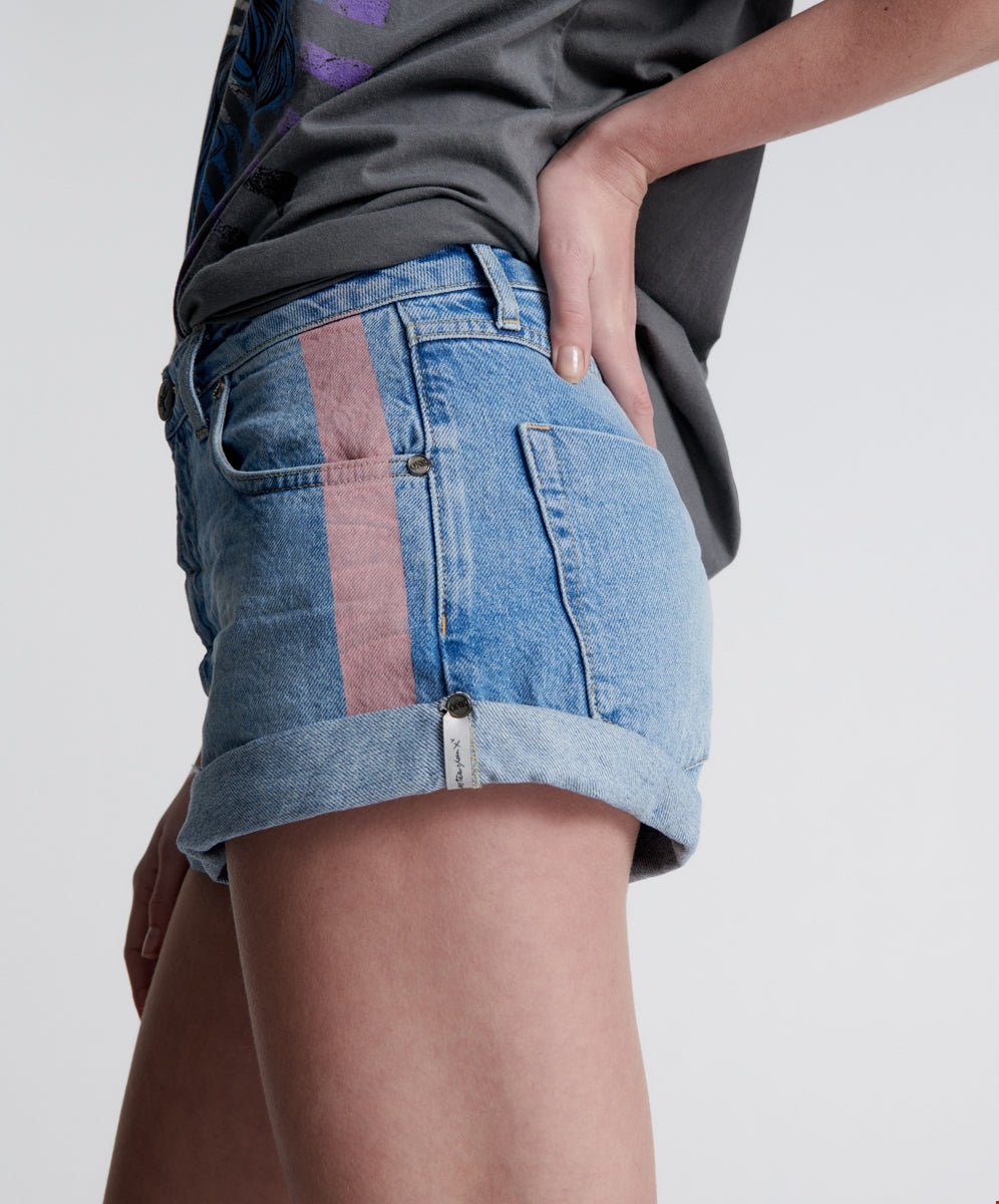 Linear Blue Bandits Mid Waist Denim Short- ONE TEASPOON