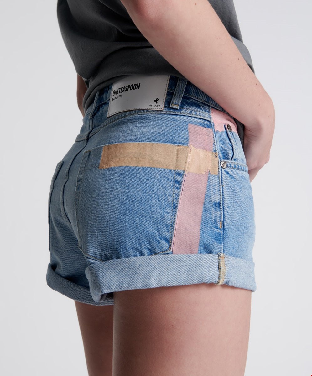 Linear Blue Bandits Mid Waist Denim Short- ONE TEASPOON
