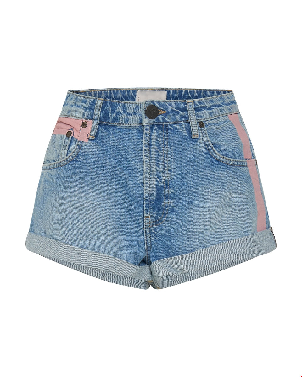 Linear Blue Bandits Mid Waist Denim Short- ONE TEASPOON