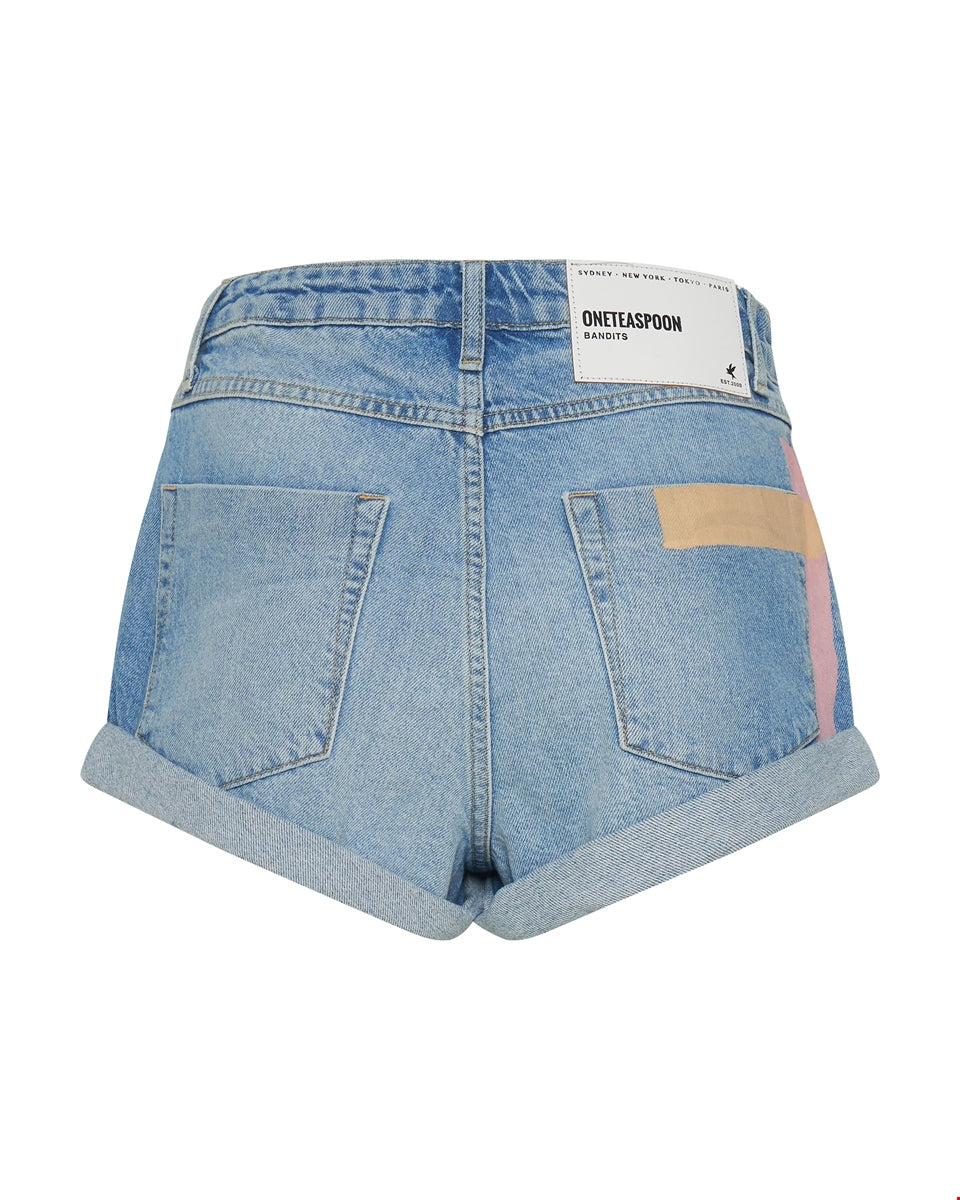 Linear Blue Bandits Mid Waist Denim Short- ONE TEASPOON