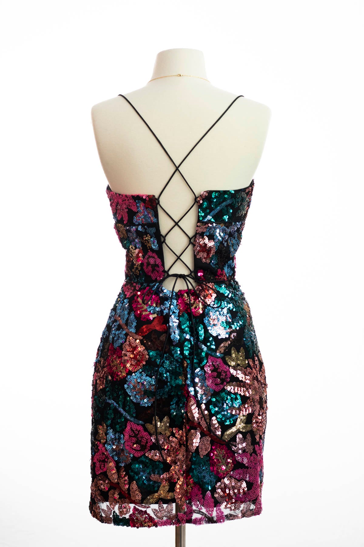 Multi Sequin Lace Up Cocktail Dress