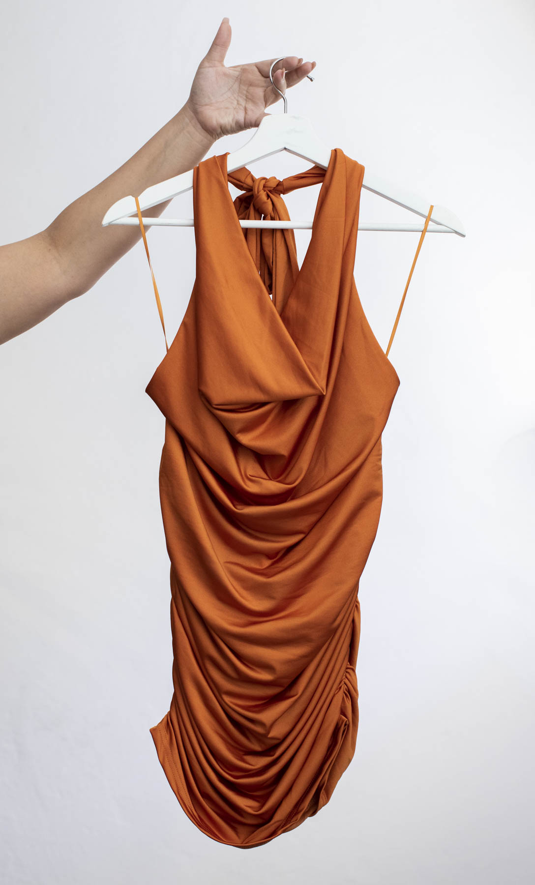 Plunging Halter Neck Ruched Mini Dress Mai Tai Small Plunging Halter Neck Ruched Mini Dress Mai Tai Small