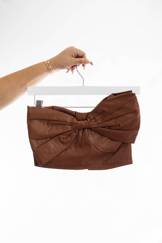 Faux Leather Strapless Bow Tie Crop Top  - DM