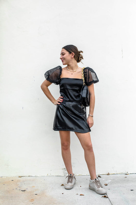 Organza Puff Sleeve Cropped Satin Knit Top