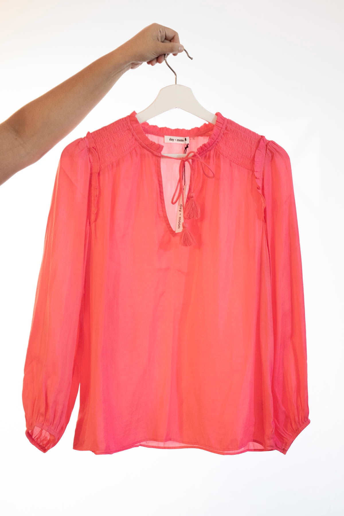 French Rose Smocked Detail Satin Long Sleeve Top Women's  - DM