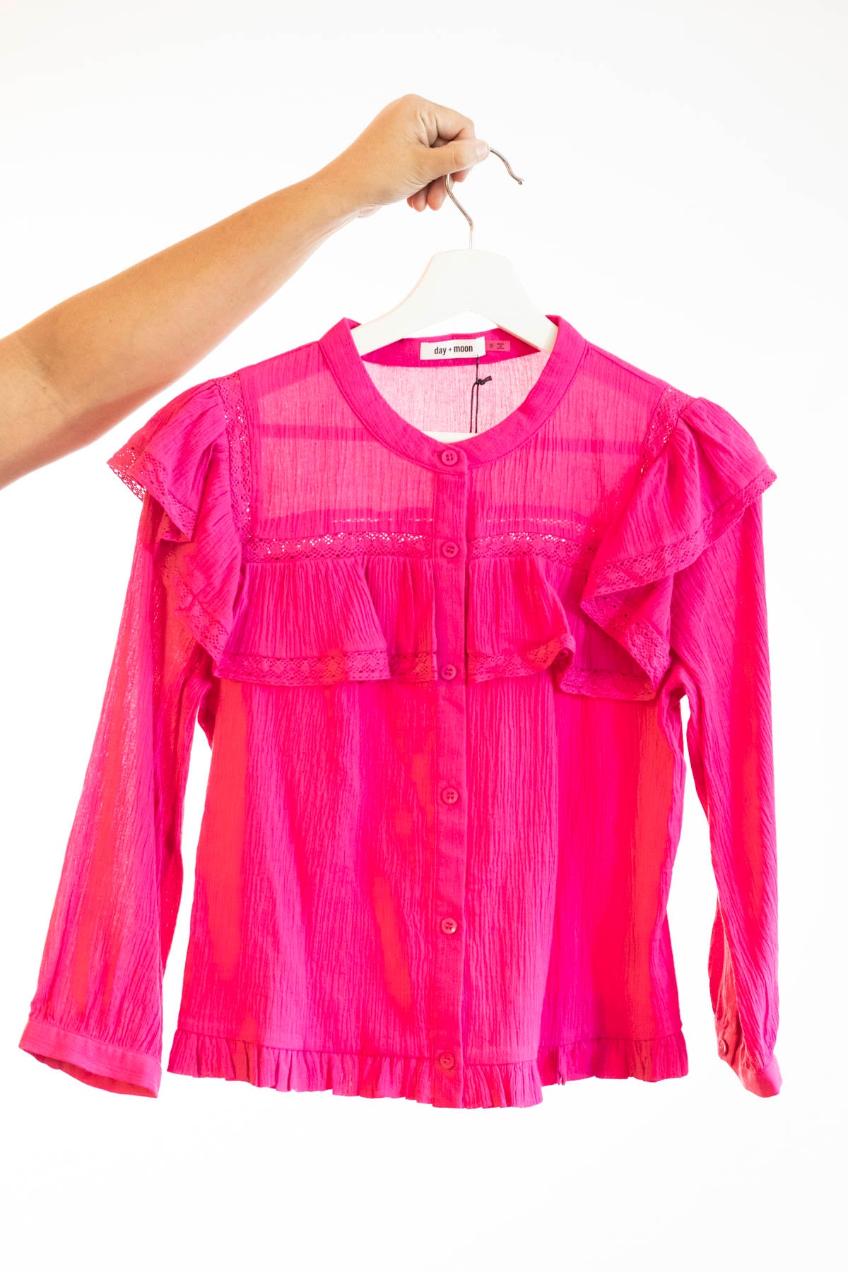 Hot Pink Ruffle Lace Long Sleeve Blouse Women's - DM