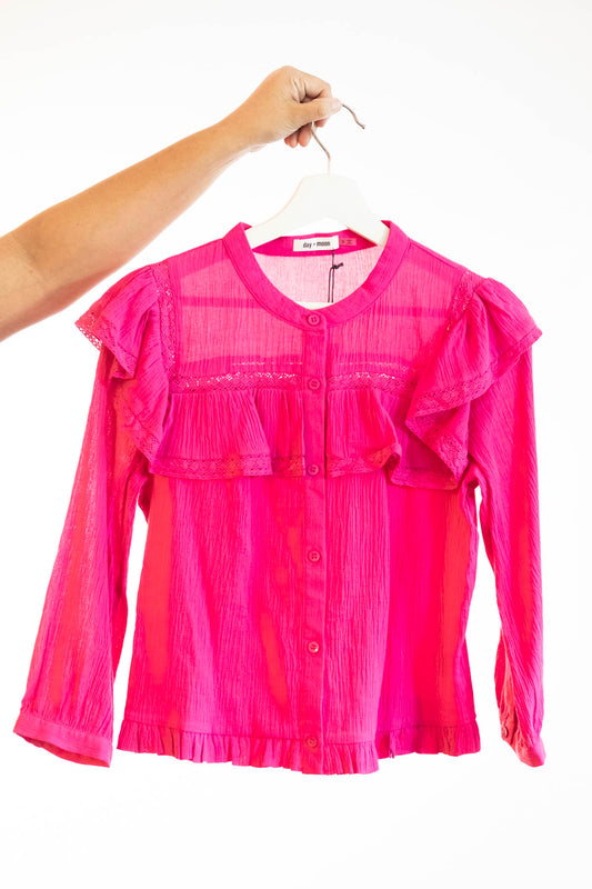 Hot Pink Ruffle Lace Long Sleeve Blouse Women's - DM