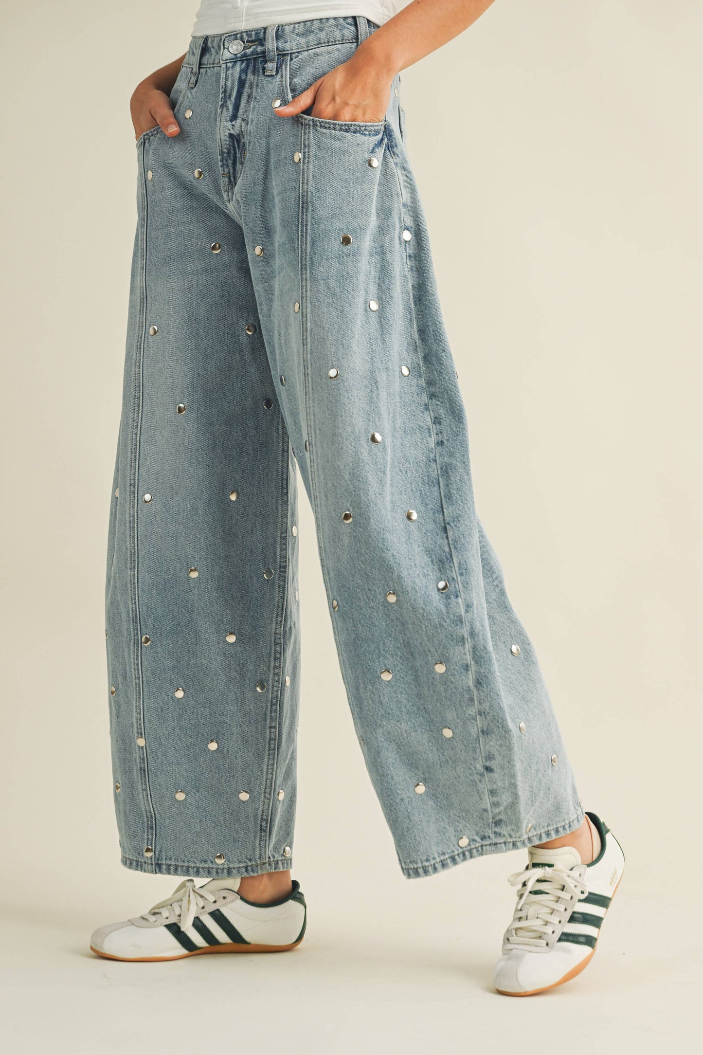 STUDDED BARREL DENIM PANTS