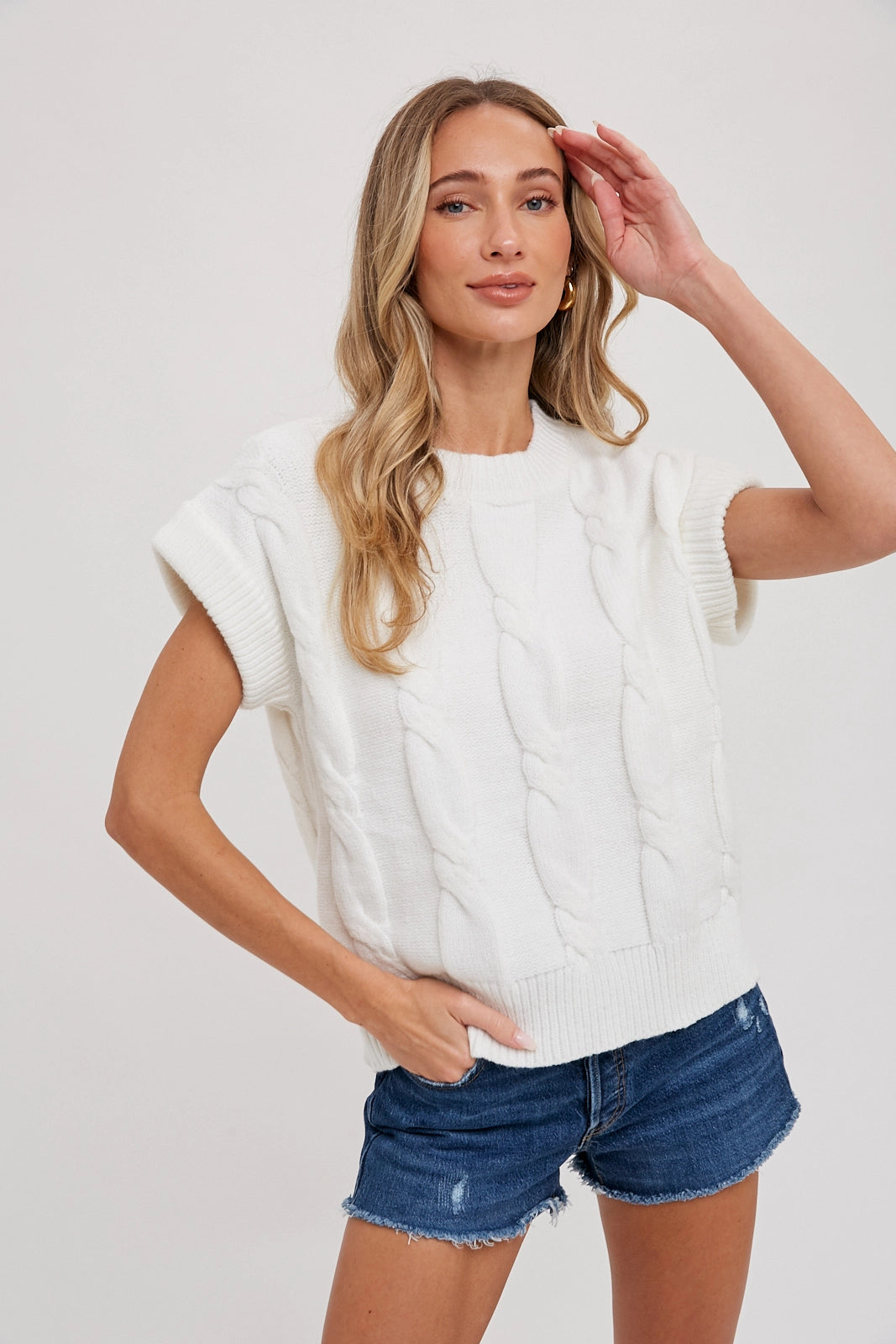 Ivory Cable Knit Short Sleeve Sweater