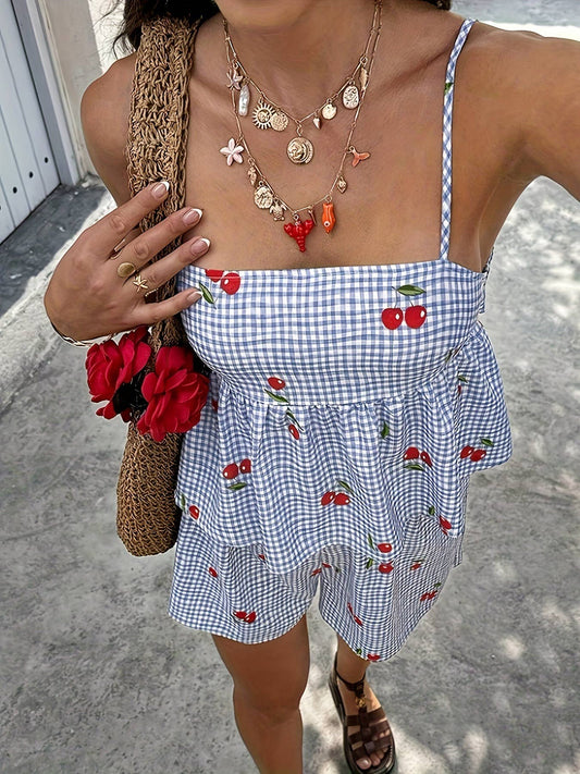 Checker & cherry bow tie peplum cami tank top & shorts set