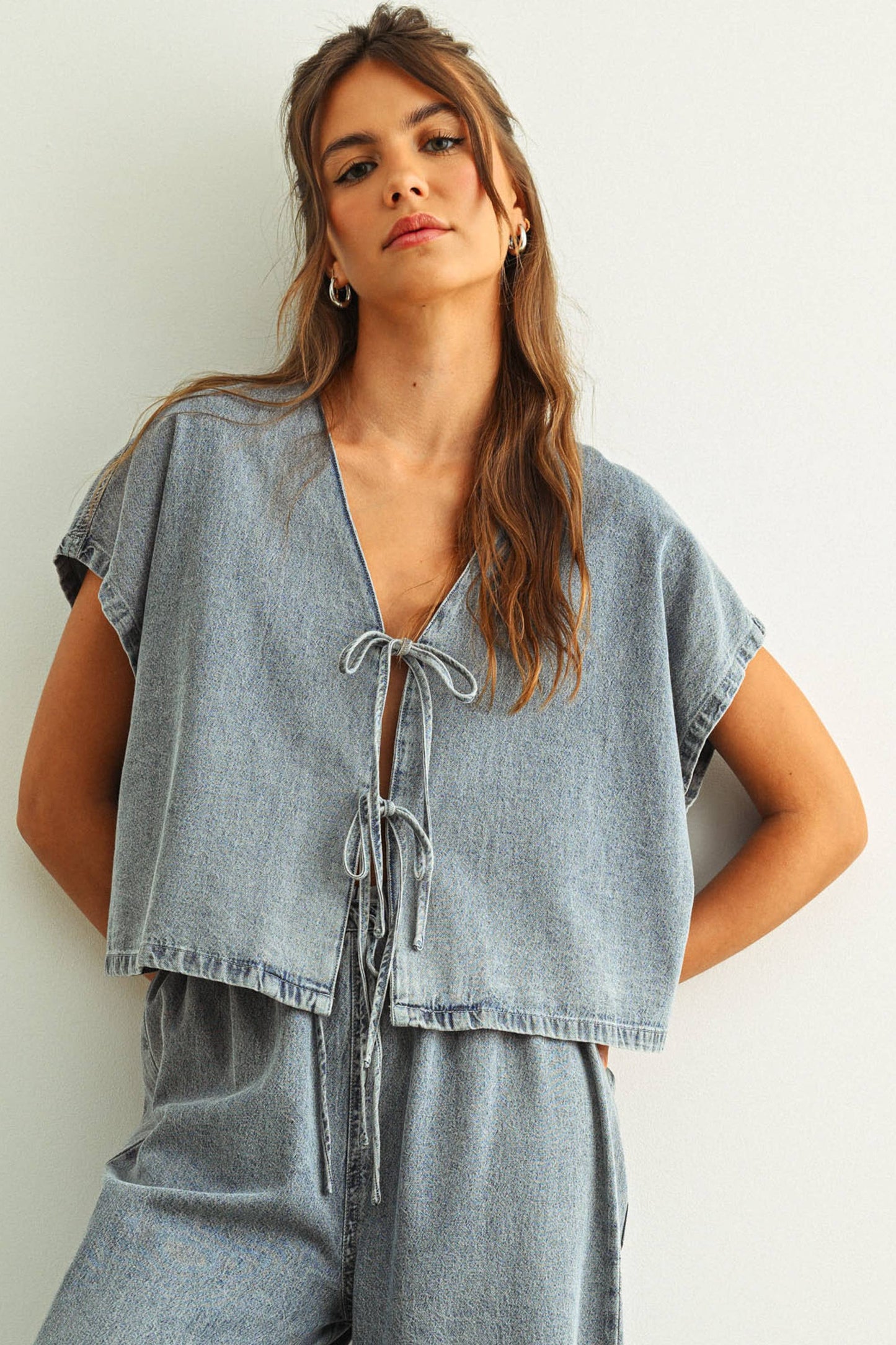 Washed Denim Tie-Front Cropped Blouse