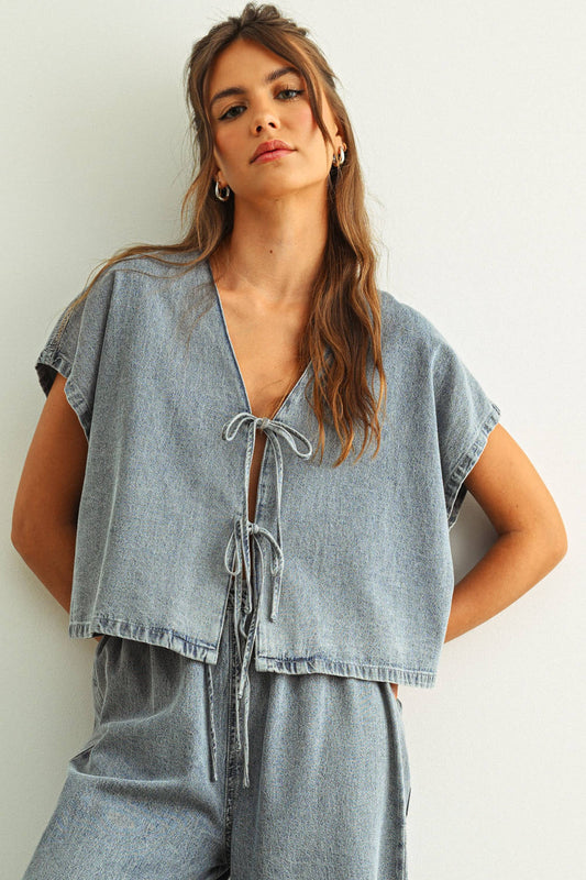 Washed Denim Tie-Front Cropped Blouse