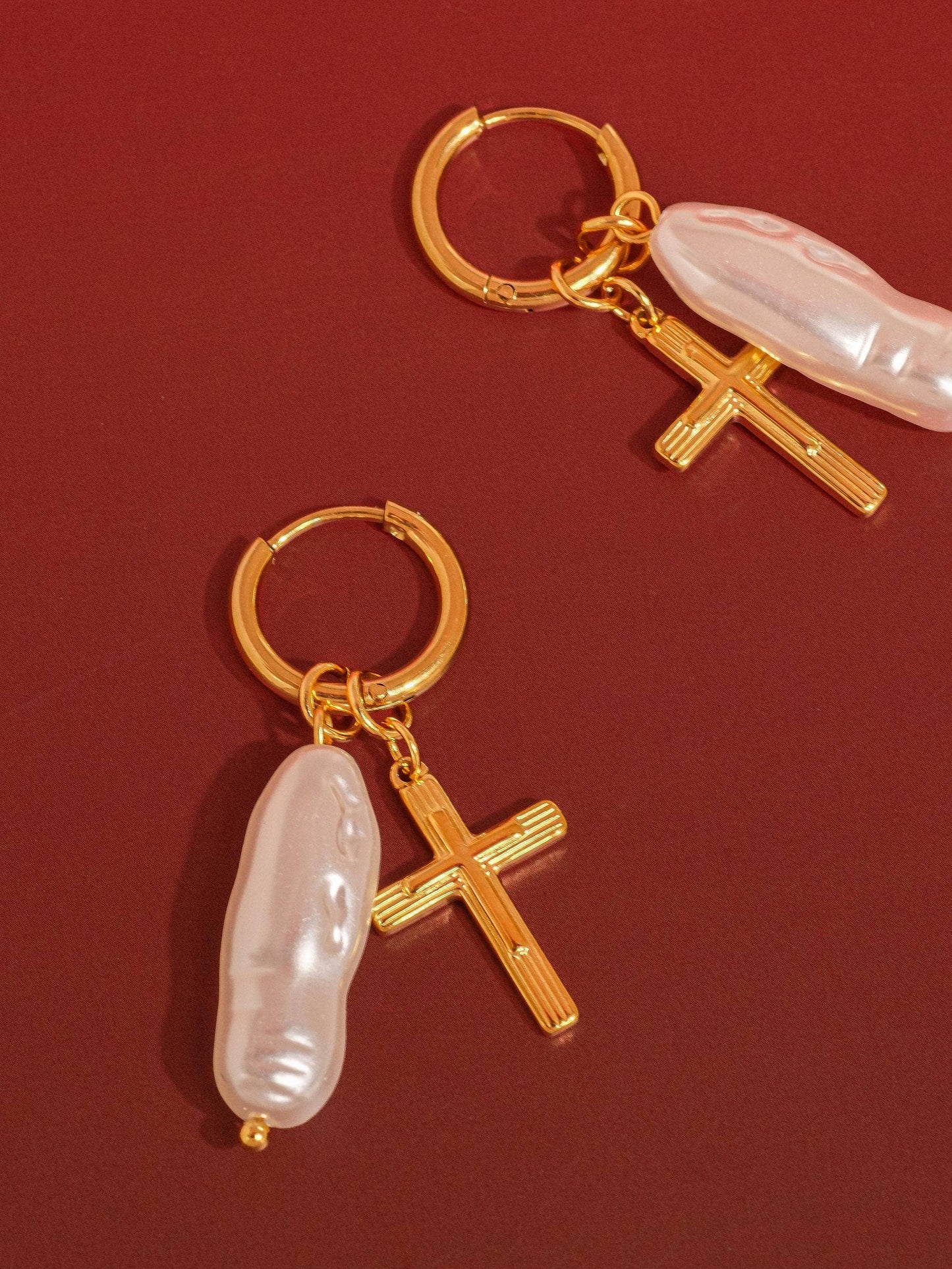 Breline 18K Gold Non-Tarnish Cross Pearl Drop Earrings