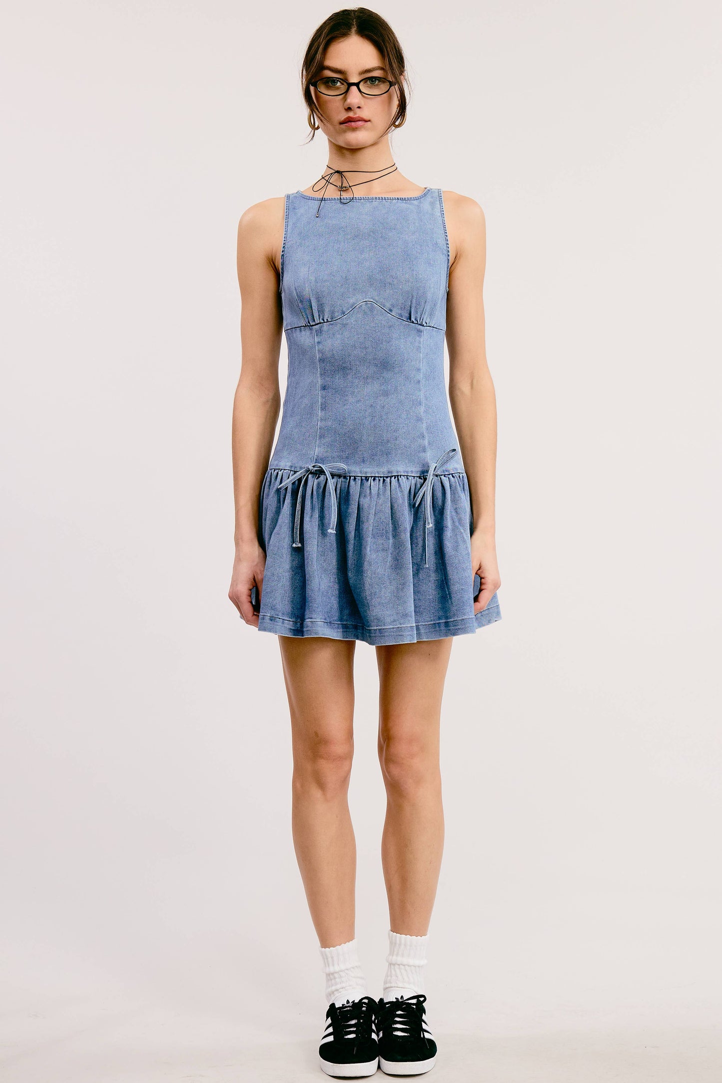 Bow Detail Fit & Flare Denim Wash Sleeveless Mini Dress
