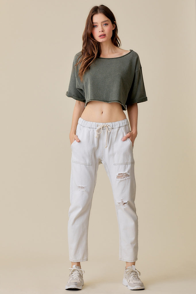 MS Raw Edge Hem Off The Shoulder Crop Top