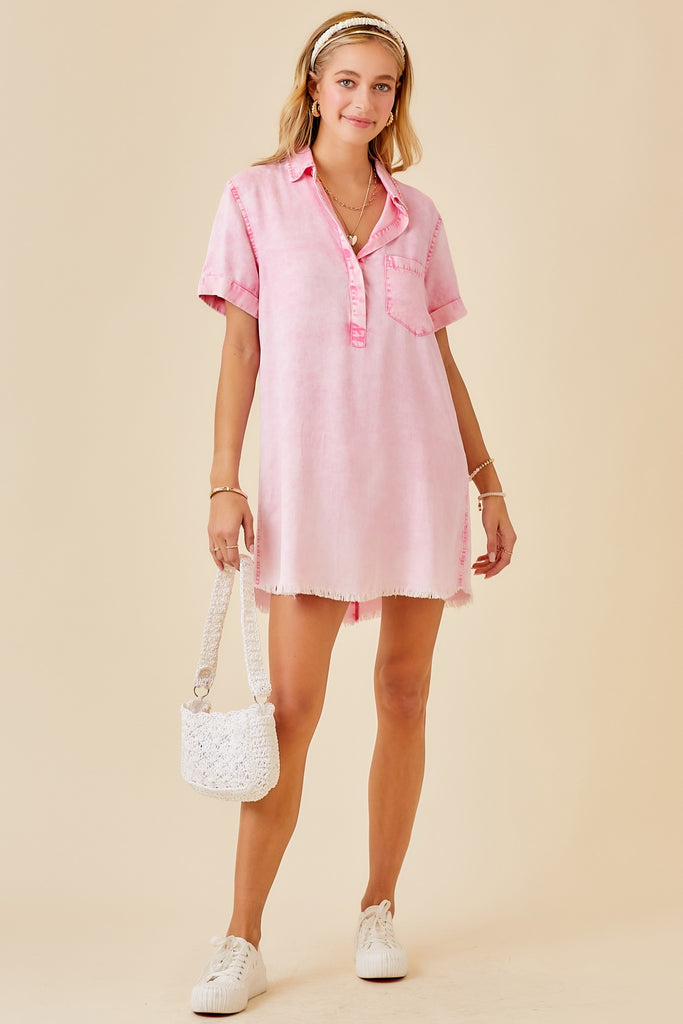 Washed Pink Short Sleeve Denim Shirtdress- Women