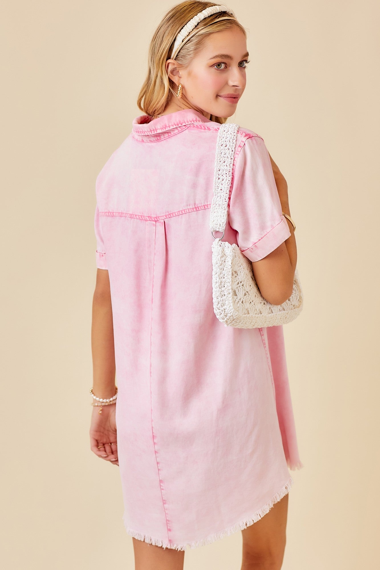 Washed Pink Short Sleeve Denim Shirtdress- Women
