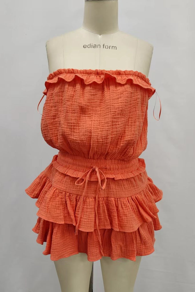 Apricot Strapless Ruffle Detail Romper Dress - DM