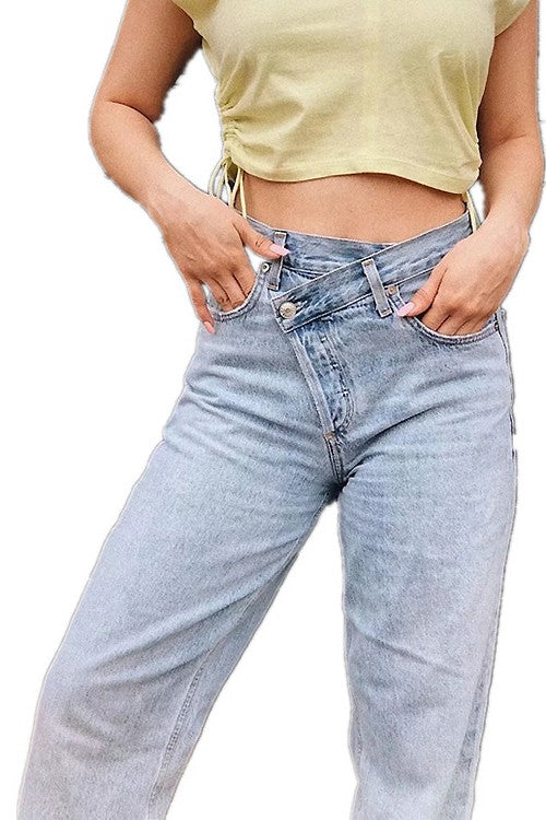 Light Denim Asymmetric Mom Jeans