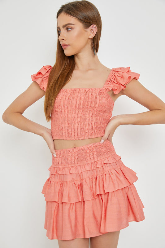 Papaya Smocked Ruffle Shoulder Tank Top