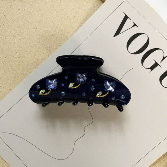 Navy Rhinestone Flower Acetate Hair Claw