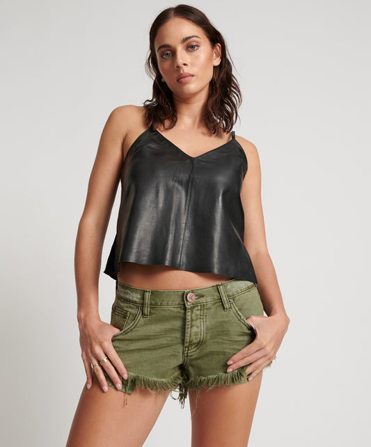 ST Khaki Dukes Low Waist Denim Shorts - ONE TEASPOON